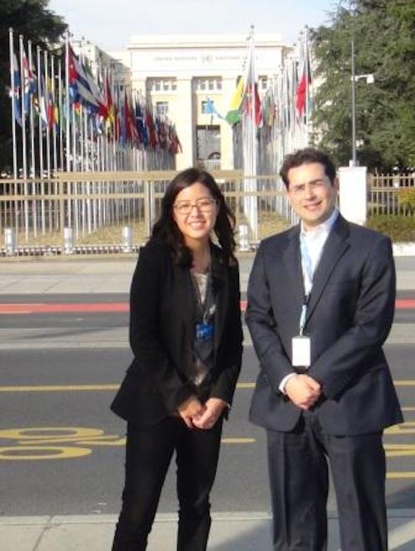Ti-Anna Wang and UN Watch executive director Hillel Neuer, UN Human Rights Council, Geneva, March 18, 2014.