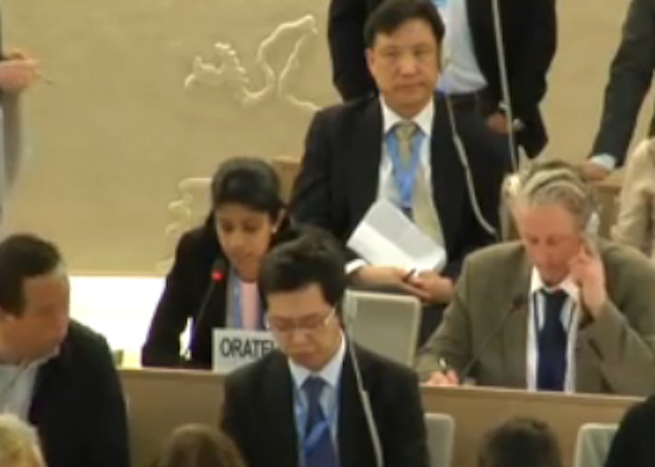 Vani Selvarajah (centre left) addresses the United Nations Human Rights Council in Geneva on March 20, 2014. (Epoch Times/screenshot/webtv.un.org)