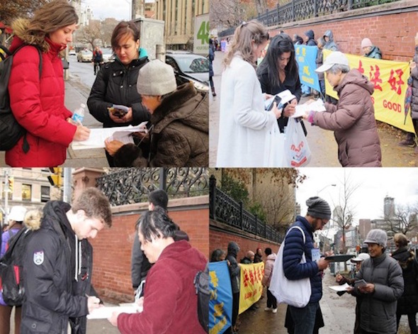 Signing the petition to support Falun Gong.