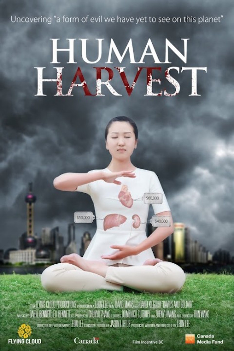 A poster of the film “Human Harvest” depicts a meditating Falun Gong practitioner, with prices attached to her organs. (Flying Cloud Productions)